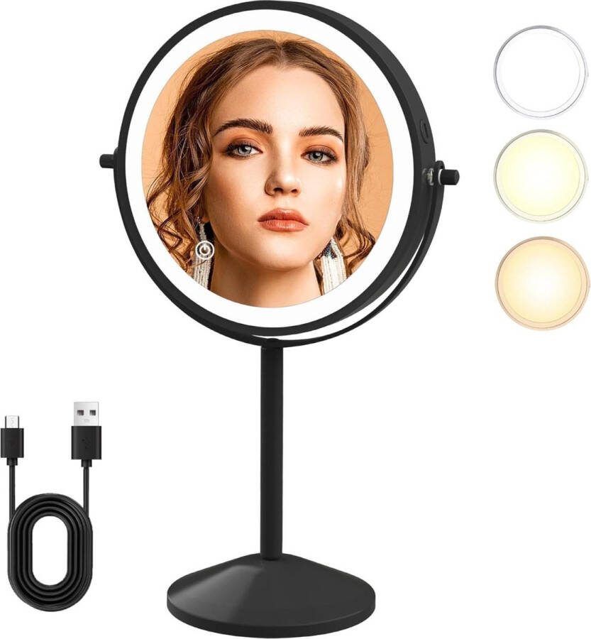 Oplaadbare LED Make-up Vanity Mirror met 1x 10x vergroting en 3 kleuren lichten Vergrote reflectie voor make-up spiegel (710B10X)