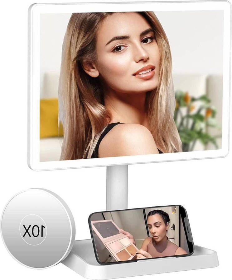 Oplaadbare make-upspiegel met 96 LED verlichting- telefoonhouder- 10x vergrotende spiegel- 3 kleuren verlichting- dimbare cosmetische spiegel