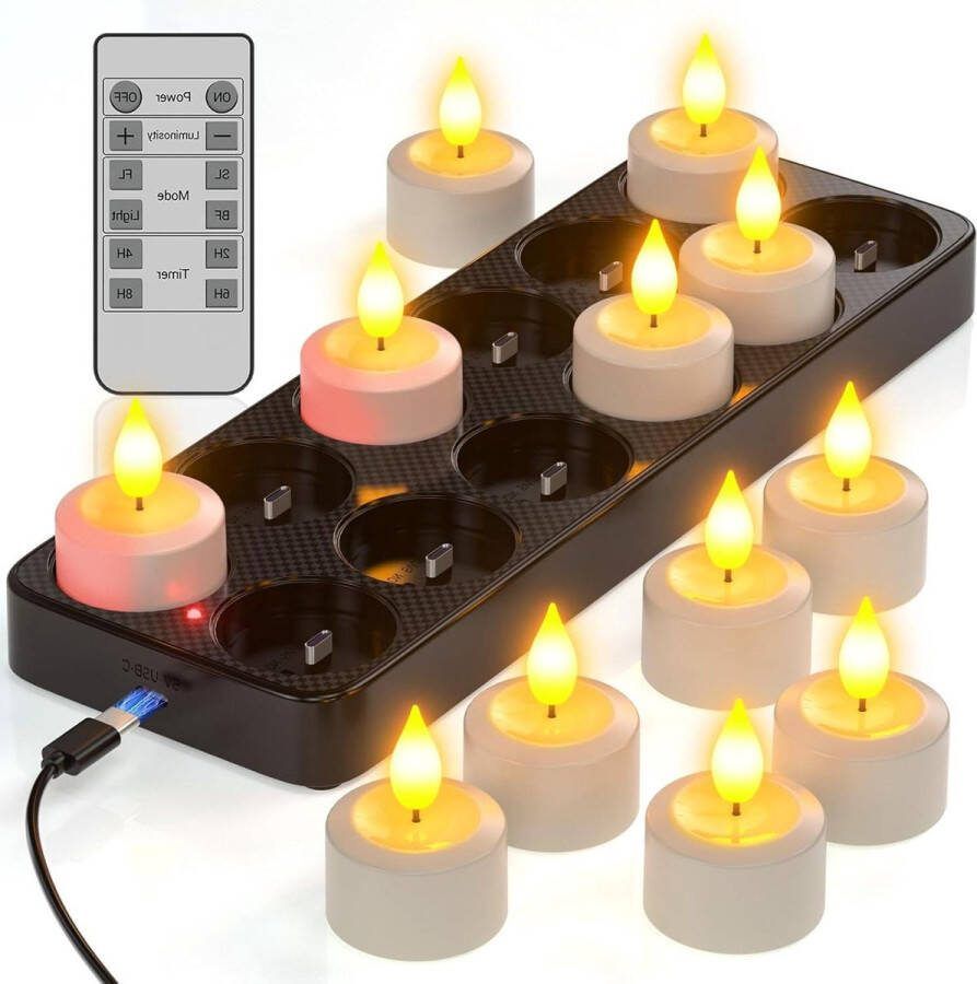 Oplaadbare theelichtjes set van 12 met laadstation en timer led theelichtjes oplaadbaar flikkerende kaarsen met afstandsbediening en timerfunctie perfect voor thuis Halloween pompoen Kerstmis Elektrische haard