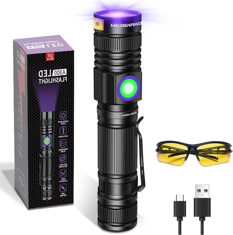 Oplaadbare UV Zwart Licht Zaklamp 395nm Krachtige Ultraviolette LED Blacklight Huisdier urine vlekken Detector Mini Woods Lamp Schorpioenen UV-bril