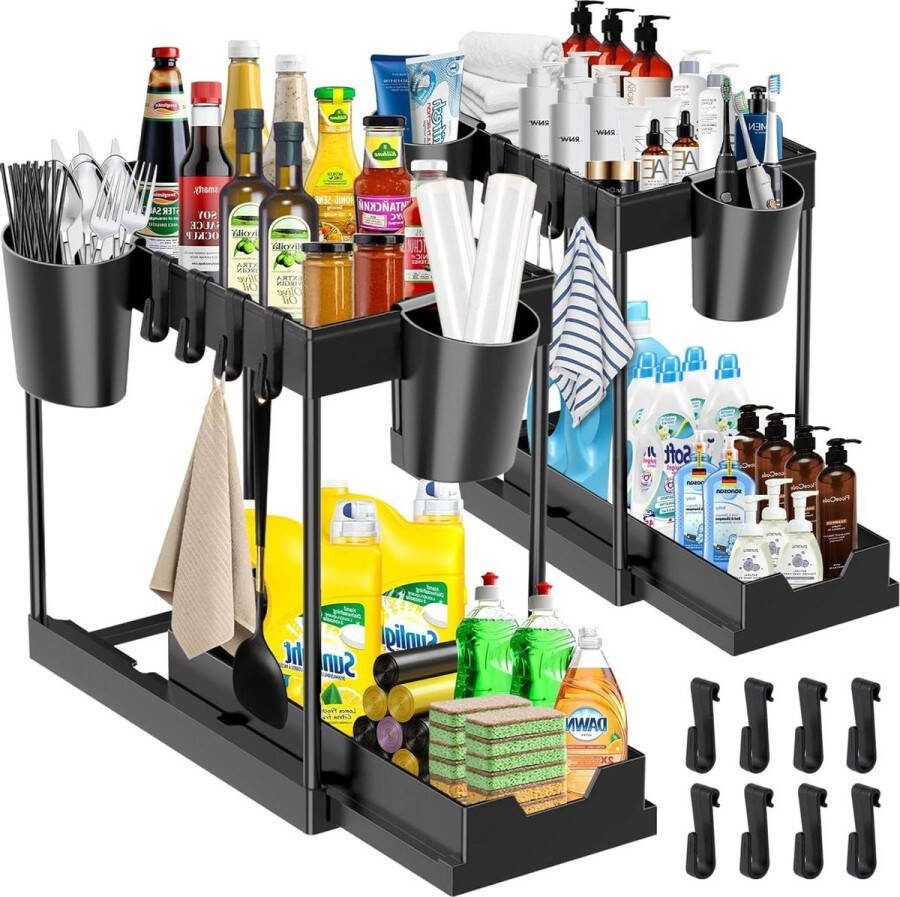 Opslag 2 niveaus keukenrek 2 stuks lade-organizer met 8 haken en 4 hangende wastafels