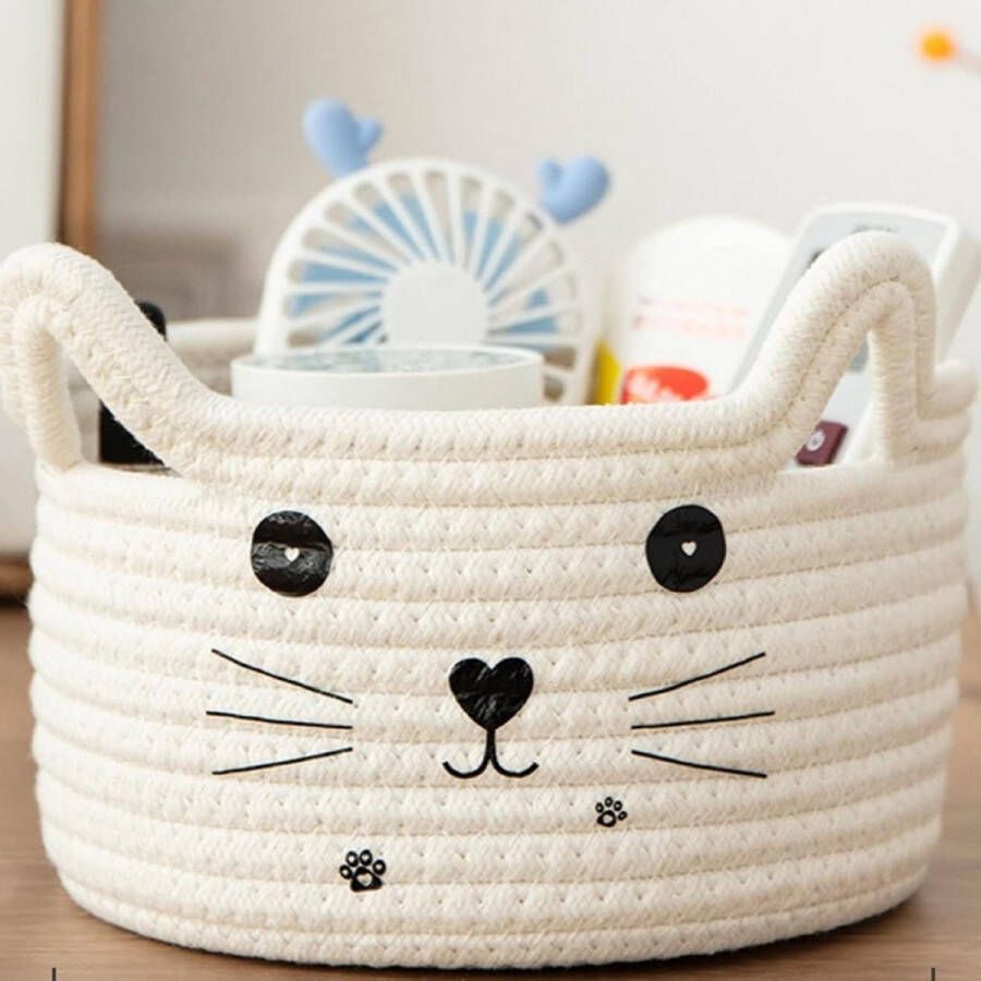 Opslag kattenmand geweven mand organizer met oren katoenen touw mand voor geschenken wit 20 x 10 cm