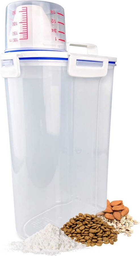 Opslagcontainer opbergdoos met maatbeker voor droogvoer rijst meel wasmiddel voedercontainer hondenvoer (inhoud: 2500 ml)