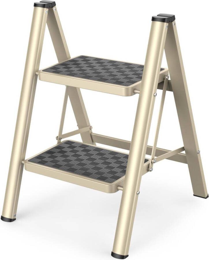 Opstapladder 2 treden opvouwbare ladder met breed antislippedaal opstapkruk met een capaciteit van 150 kg goud