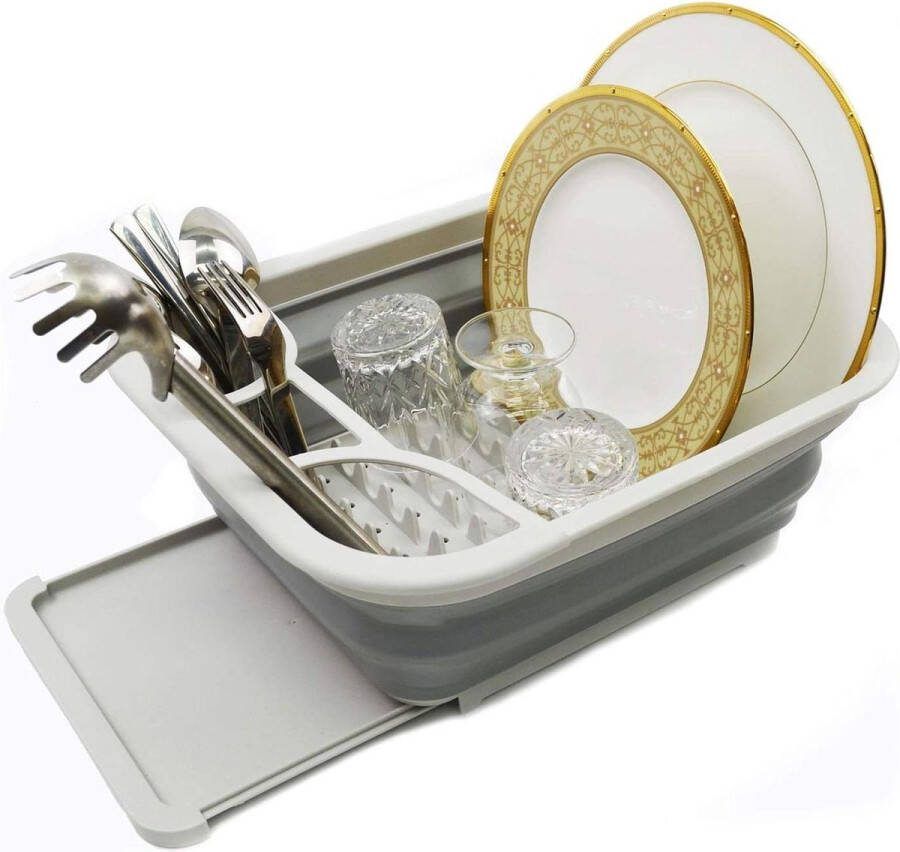 Opvouwbaar kunststof afdruiprek droogrek set serviesgoed organizer keuken opbergbak grijs