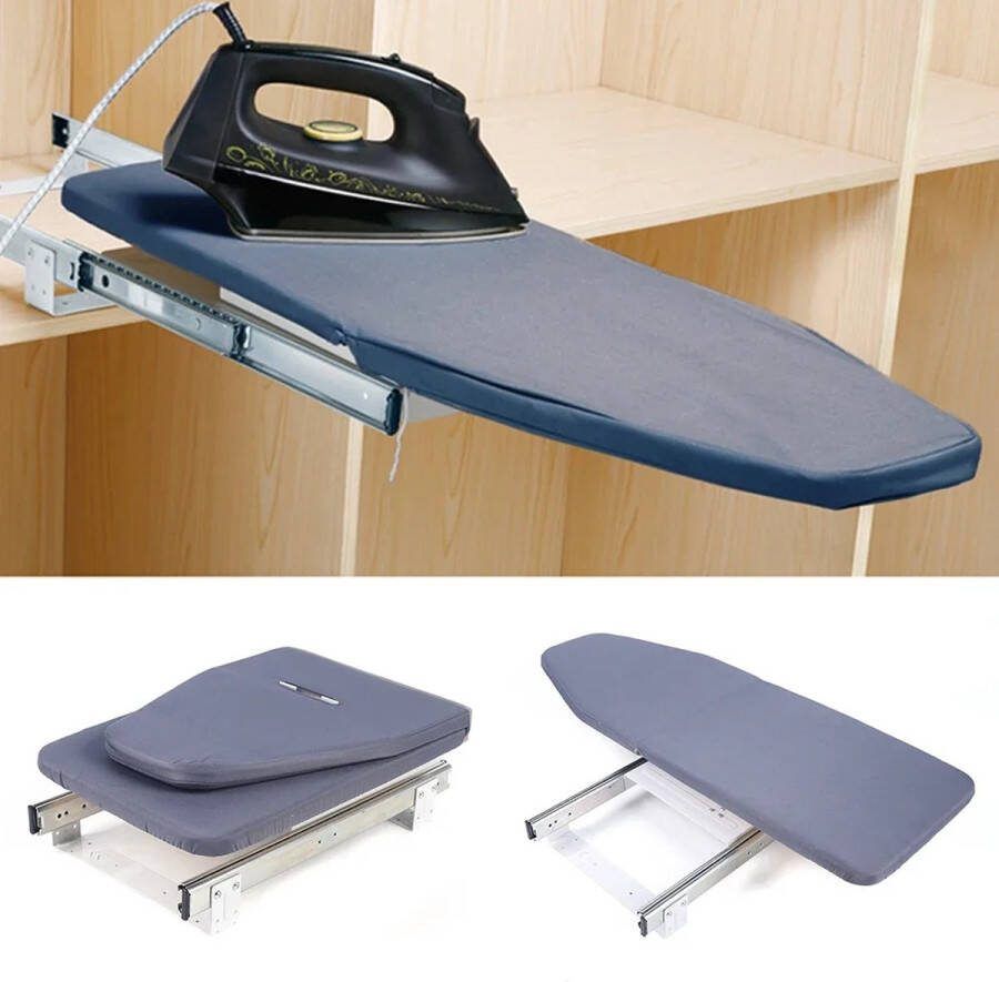 Opvouwbaar Strijkplank met 180° Rotatie en Inklapbare Kast Ruimtebesparend Meubel voor Thuis met Uittrekbare en Inschuifbare Functionaliteit Grijs Ideaal voor Kleine Ruimtes en Compacte Huizen