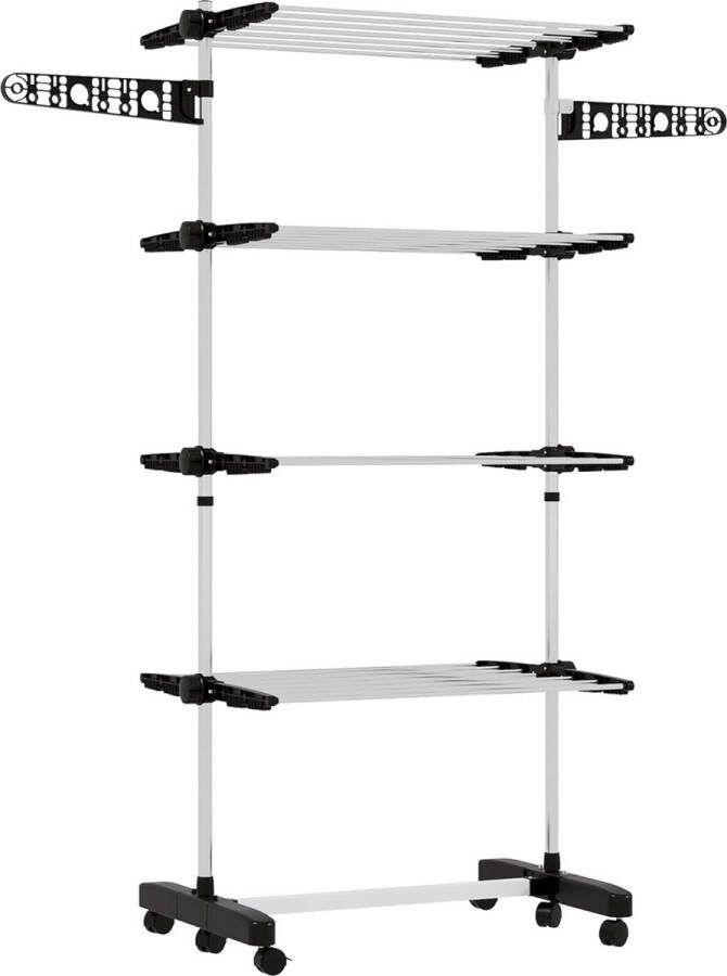 Opvouwbaar wasrek voor binnen en buiten wasrek verstelbaar roestvrij staal 4 niveaus met 2 zijvleugels en 6 wielen 142 x 55 x 172 cm zwart