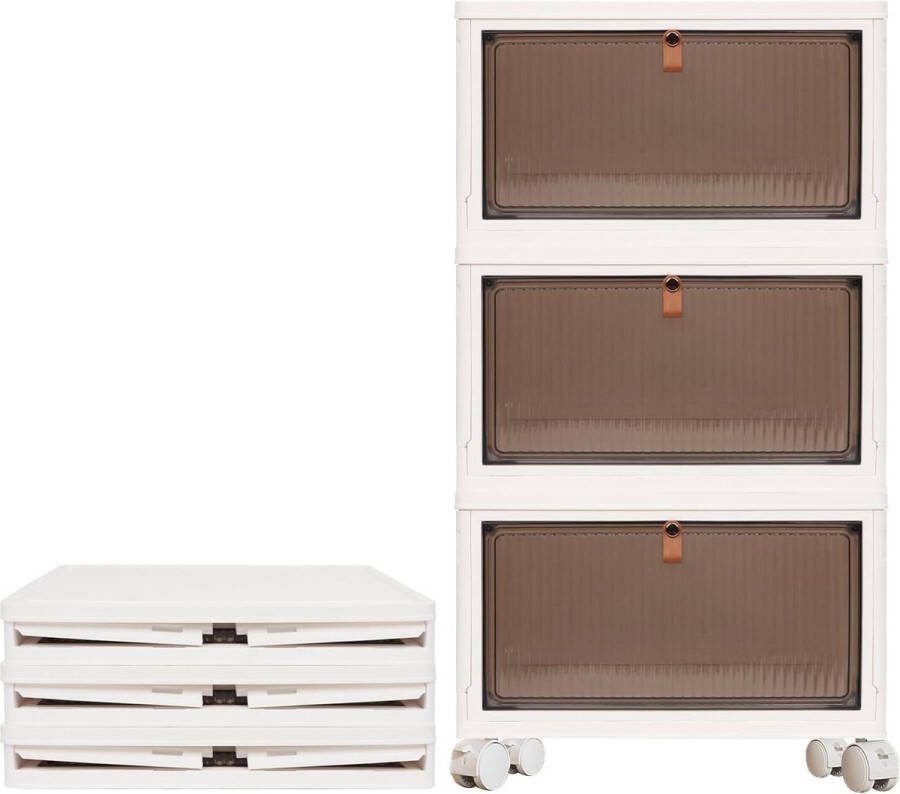 Opvouwbare 3-Lagige Stapelbare Organiser Dozen met Deksel Magnetische Deuren en Wielen Grote Opbergkrat Schoenendozen