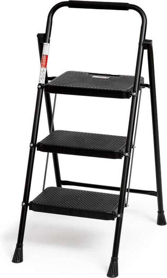 Opvouwbare 3-traps ladder met antislip Breed pedaal en handvat Stabiele stalen ladder Draagbare trapladder Zwart Ladder