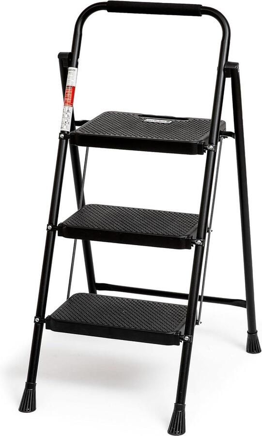 Opvouwbare 3-traps ladder met antislip pedaal Stabiele stalen ladder met handvat Draagbare trapladder in zwart