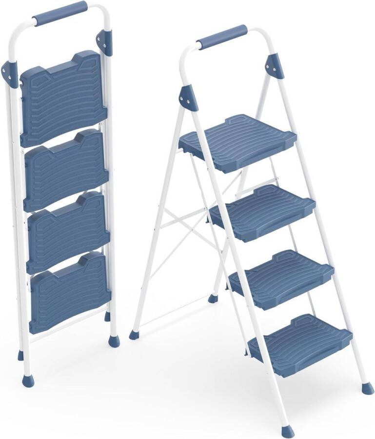 Opvouwbare 4-traps ladder met leuning brede anti-slip pedalen voor thuis garage tuin blauw Trapladder