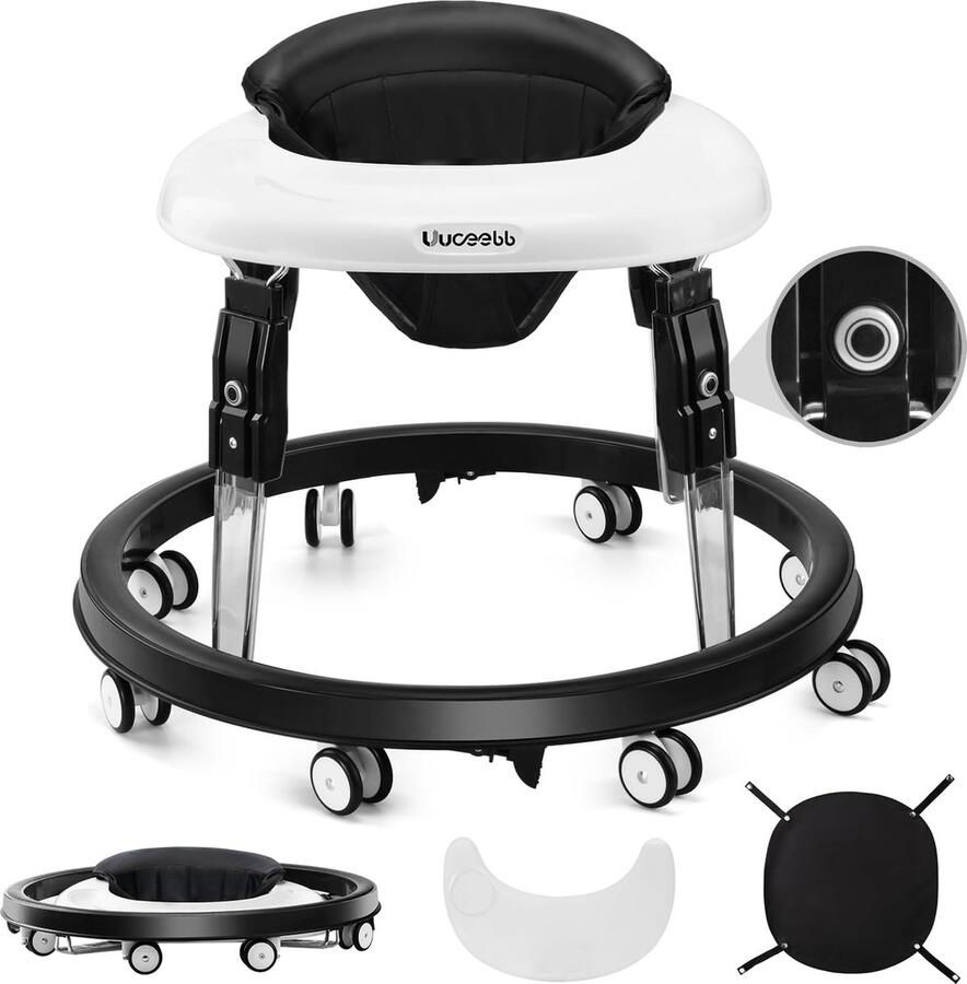 Opvouwbare Babyloophulp met Remsysteem en Dienblad Zwart 7-voudig Verstelbaar Uuoeebb Loopwagen Voor Baby's vanaf 6 maanden