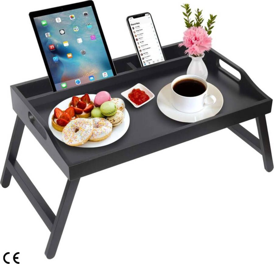 Opvouwbare Bamboe Bed Lade Tafel met Handgrepen en Media Sleuf Multifunctionele Ontbijt- en Serveerschotel Lade Ideaal voor Laptop Snacks TV en meer Stijlvol Zwart Ontwerp