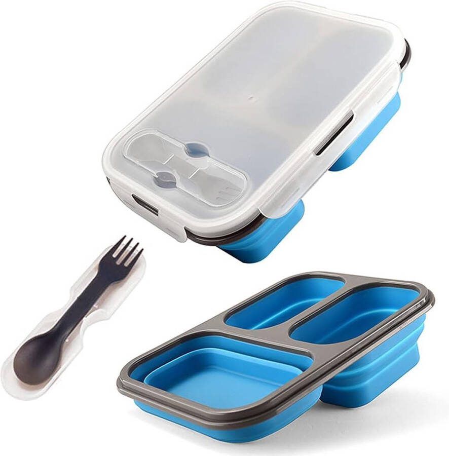 Opvouwbare Bento Box Lekvrije Bento Lunchbox Siliconen opvouwbare lunchbox Voedsel met drie compartimenten en lepel en vork voor volwassenen kinderen (blauw)
