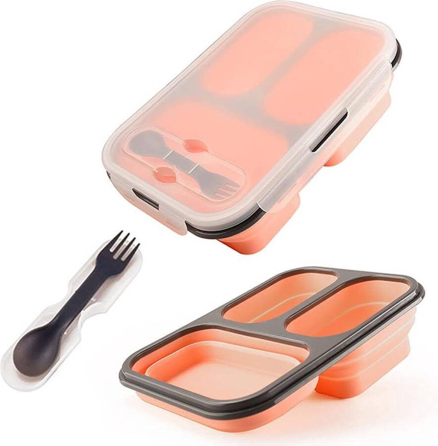 Opvouwbare Bento Box Lekvrije Bento Lunchbox Siliconen opvouwbare lunchbox Voedsel met drie compartimenten en lepel en vork voor volwassenen kinderen (roze)