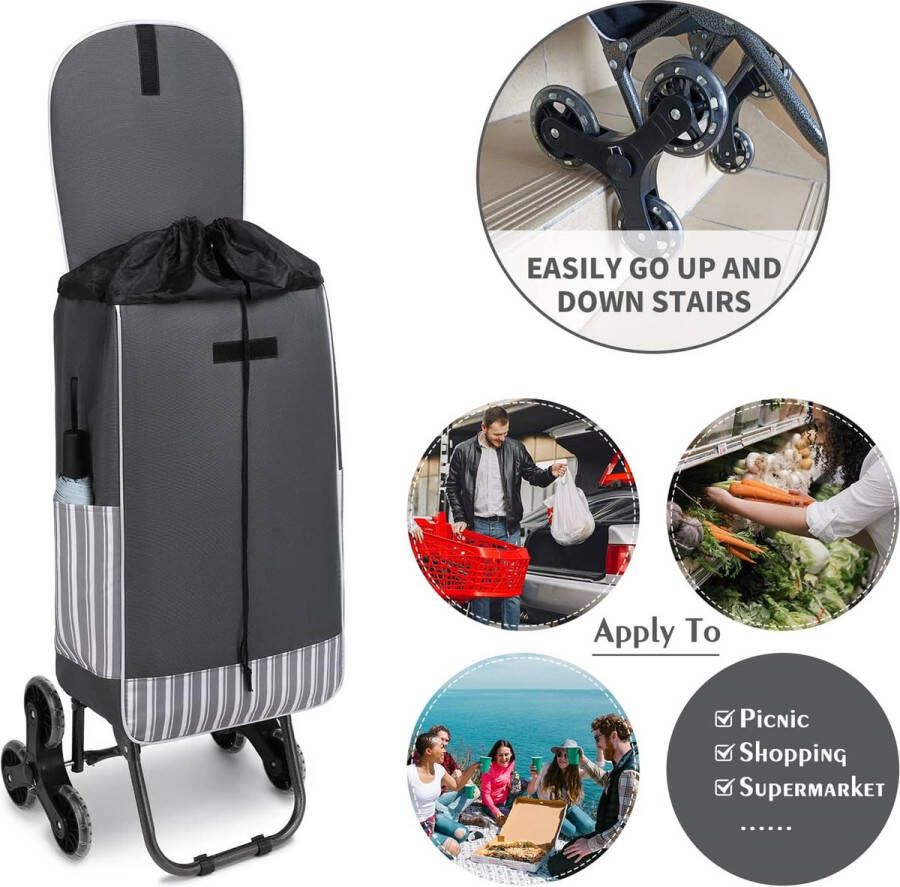 Opvouwbare boodschappentrolley lichtgewicht en waterdicht 2-in-1 winkelwagentje met geïsoleerde koeltas afneembare trap klimwagen voor boodschappen (Grijs-update)