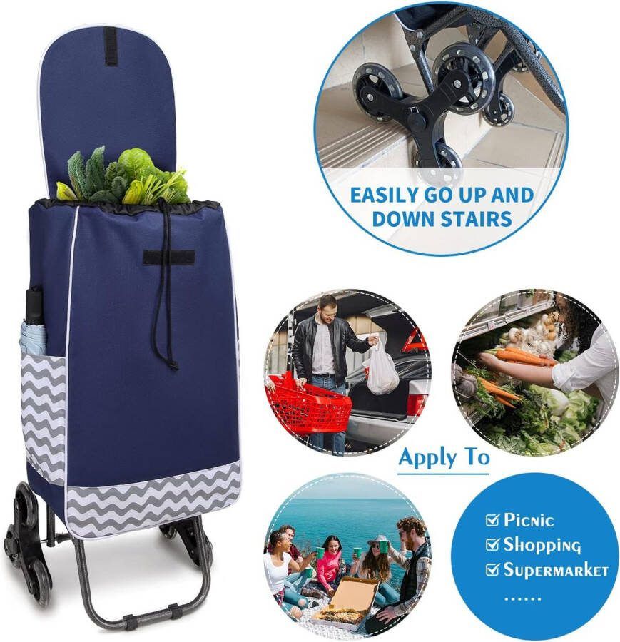 Opvouwbare boodschappentrolley lichtgewicht en waterdicht 2-in-1 winkelwagentje met geïsoleerde koeltas afneembare trap klimwagen voor boodschappen (Marine-upgrade)