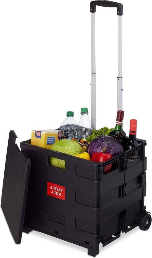 Opvouwbare boodschappentrolley met telescoopsteel en deksel 35 kg draagvermogen zwart 99x45x38 cm Folding Shopping Trolley