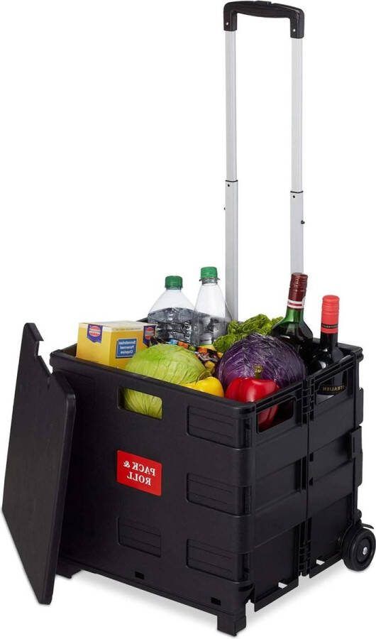 Opvouwbare boodschappentrolley met telescoopsteel en deksel krat op wielen tot 35 kg HBD 99x45x38 cm zwart
