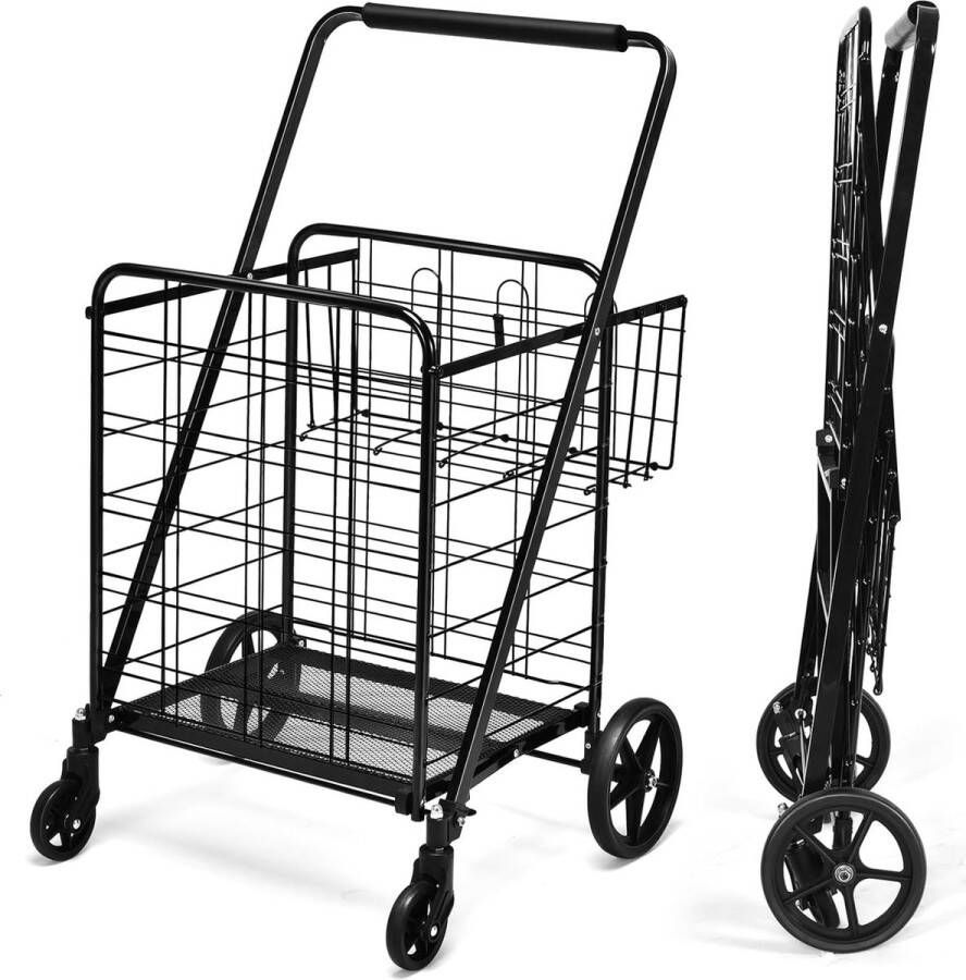 Opvouwbare boodschappentrolley winkelwagen op wieltjes handwagen 150 kg belastbaar multifunctionele trolley voor was winkelen bagage (zwart)