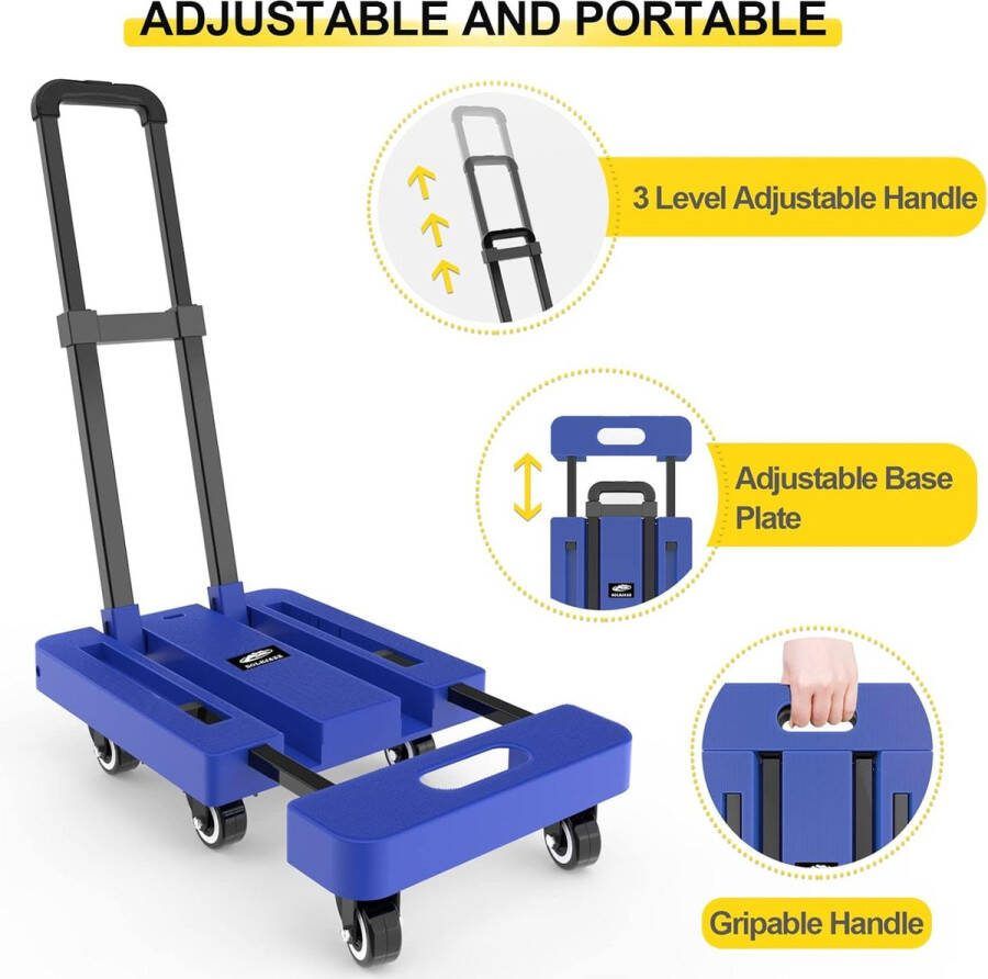 Opvouwbare draagbare dolly opvouwbare steekwagen om te verplaatsen 230 kg trolley Dolly met 6 wielen en 2 bungee-koorden voor bagage reizen verplaatsen winkelen kantoorgebruik blauw
