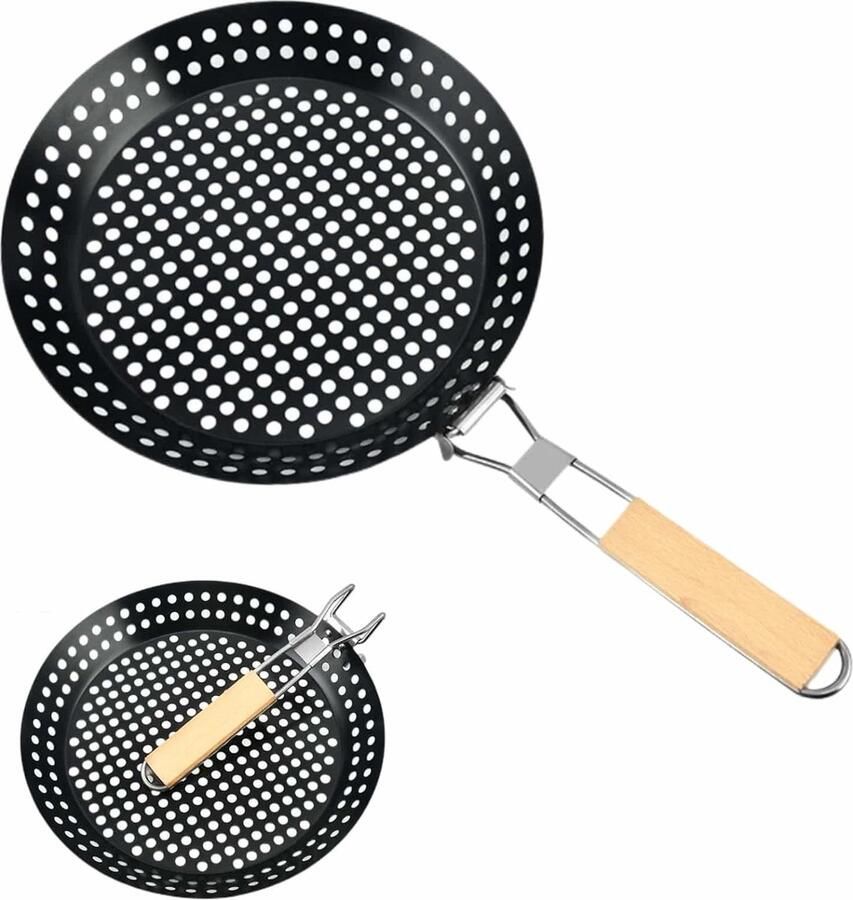 Opvouwbare Grillpan met Gaten 12 Antiaanbakgrillpan met Houten Handvat Camping Kookgerei Kabob Grillpan voor Buitengrill