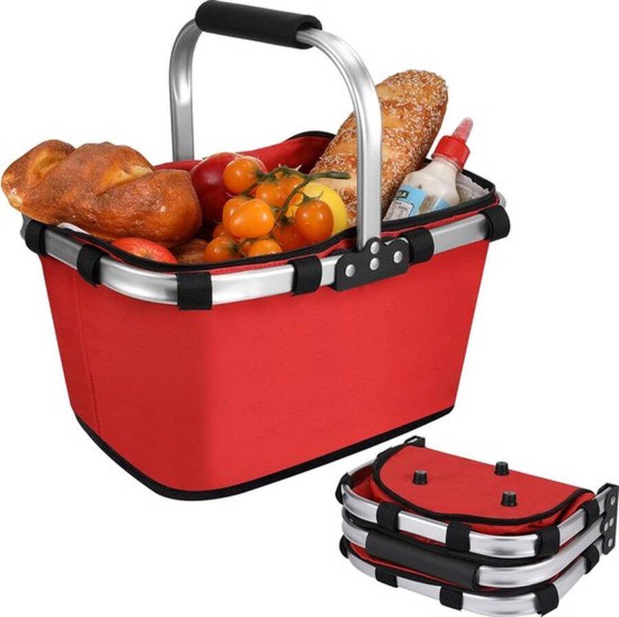 Opvouwbare Grote Winkelmand met Aluminium Handvat 22L Waterdichte Boodschappentas met Deksel Geïsoleerde Koeltas voor Camping en Picknick Rood