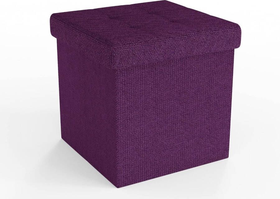 Opvouwbare kruk 38 x 38 x 38 cm in mistpaars Kubuszitting met opbergruimte en stoffen deksel met uitsparingen Zitkubus Voetsteun Opbergdoos Borstkruk