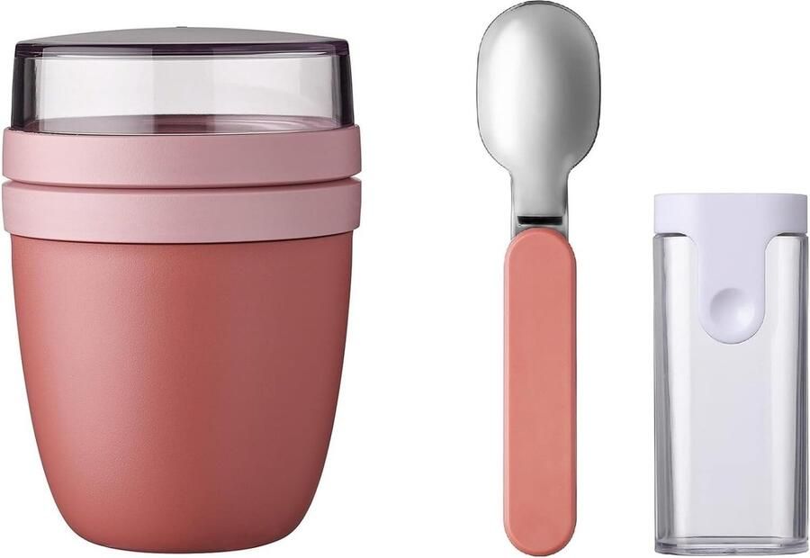 Opvouwbare lepelset met lunchpot Ellipse Praktische yoghurtbeker en ontbijtgranenbeker Indeling voor yoghurt en ontbijtgranen Geschikt voor vriezer magnetron en vaatwasser Levendig mauve