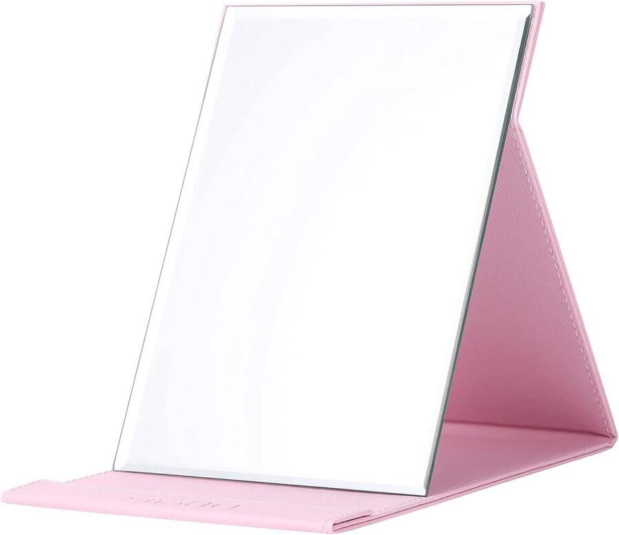 Opvouwbare make-upspiegel met PU-lederen hoes compacte superHD-spiegel voor bureau thuis camping roze 20 x 15 cm