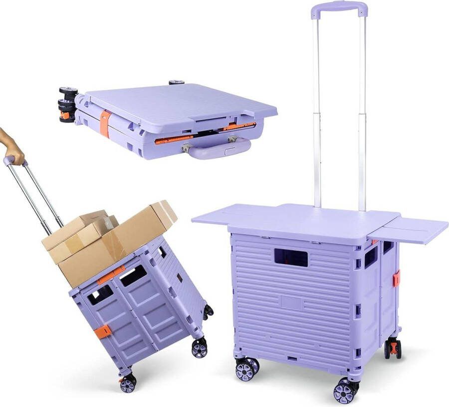 Opvouwbare Plastic Trolley op Wielen met Magnetisch Tafelblad en Schuifbare Hoes Zware Belasting 55 kg Draagbaar voor Kamperen en Vissen Paars boodschappenkrat met wielen