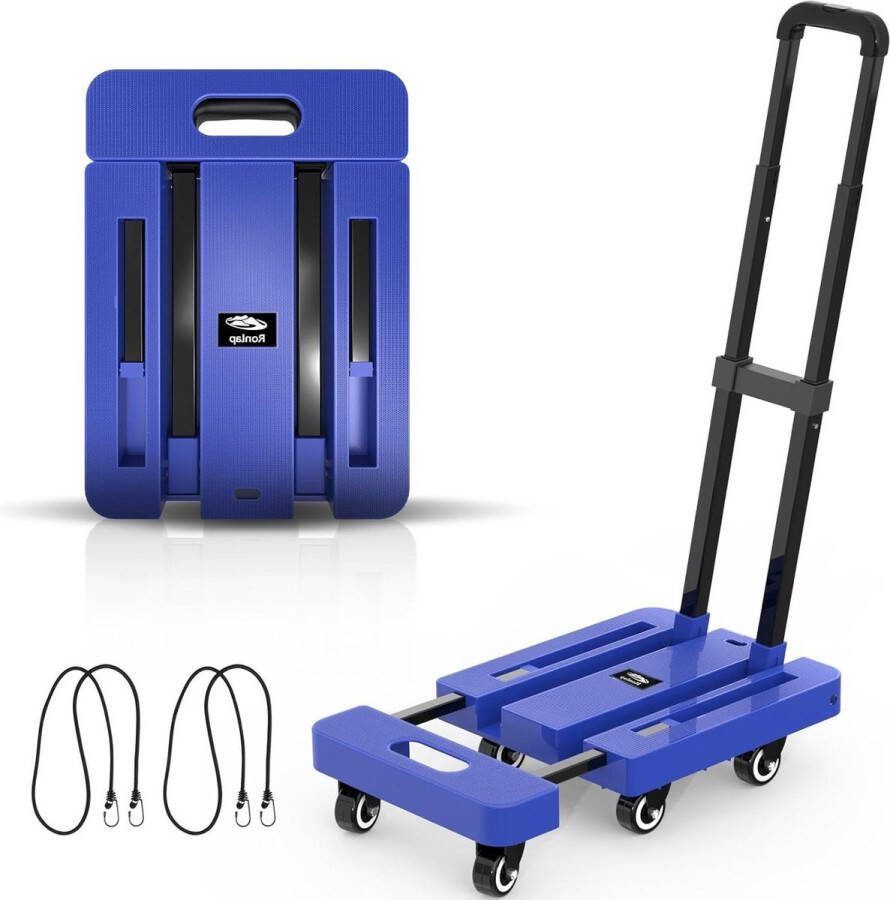 Opvouwbare steekwagen 6 wielen 225 kg capaciteit bagagetrolley met elastische touwen blauw hand truck