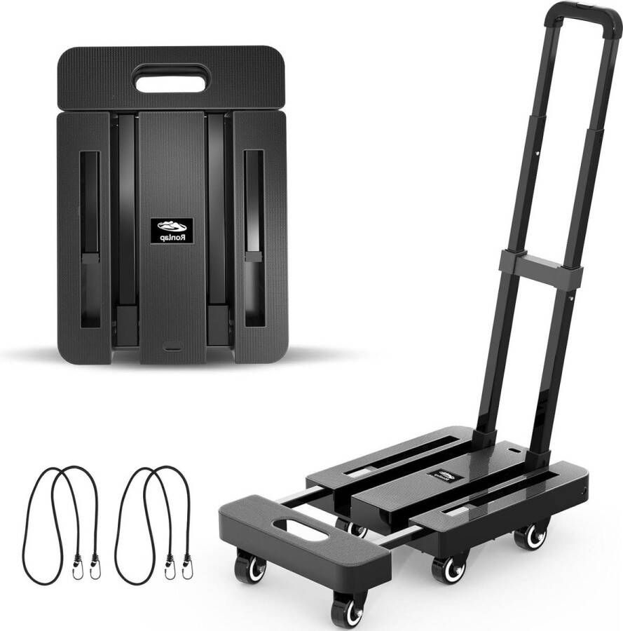 Opvouwbare steekwagen 6 wielen 225 kg capaciteit bagagetrolley met elastische touwen zwart