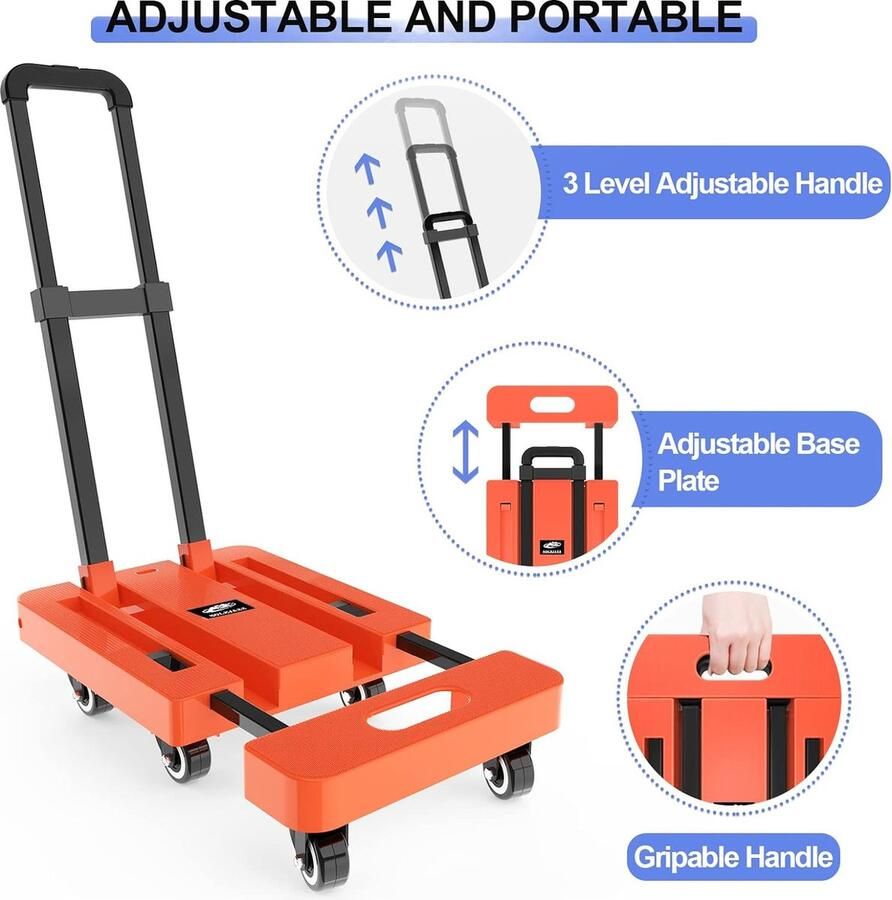 Opvouwbare steekwagen Dolly draagbare Dolly voor verplaatsing 500 pond bagagewagen Dolly met 6 wielen en 2 bungee-koorden voor bagage reizen verplaatsen winkelen kantoorgebruik oranje
