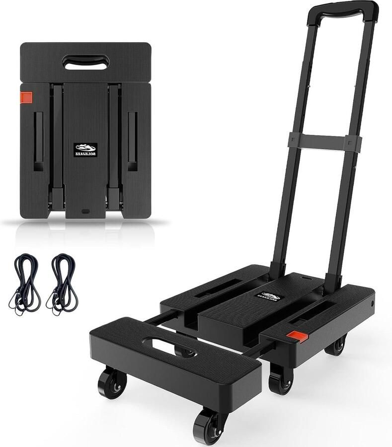 Opvouwbare steekwagen draagbare dolly 230 kg 6 wielen 2 bungeekoorden verhuizen bagage reizen zwart Trolley