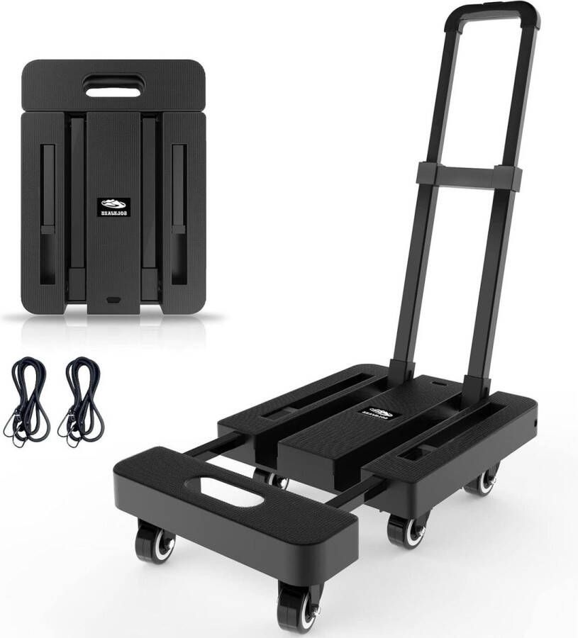 Opvouwbare steekwagen draagbare dolly 230 kg trolley dolly met 6 wielen en 2 bungeekoorden voor bagage reizen verhuizen winkelen kantoorgebruik zwart
