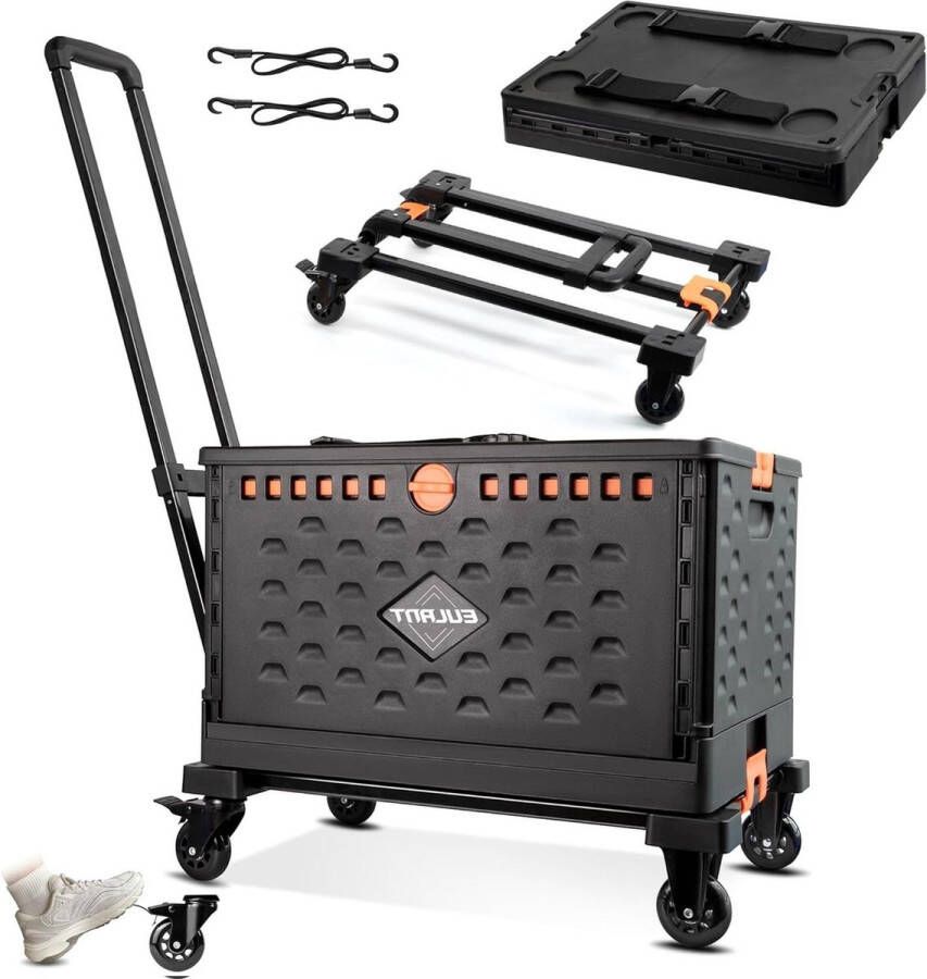 Opvouwbare steekwagen met 60L vouwdoos en deksel Utility Transport Trolley 360 ° roterende wielen 2 elastische touwen Verstelbaar handvat en rem boodschappenkrat met wielen