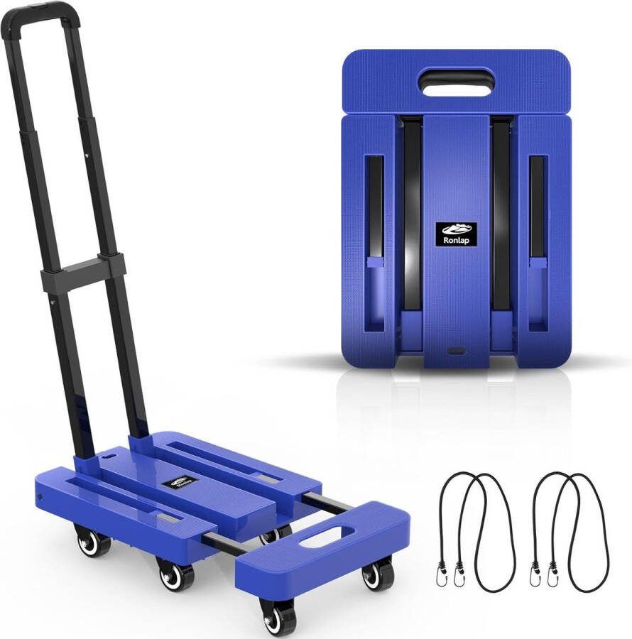 Opvouwbare steekwagen Opvouwbare handwagen met 6 wielen 2 elastische touwen Robuuste bagagetrolley met 225 kg capaciteit Voor het vervoer van bagage blauw