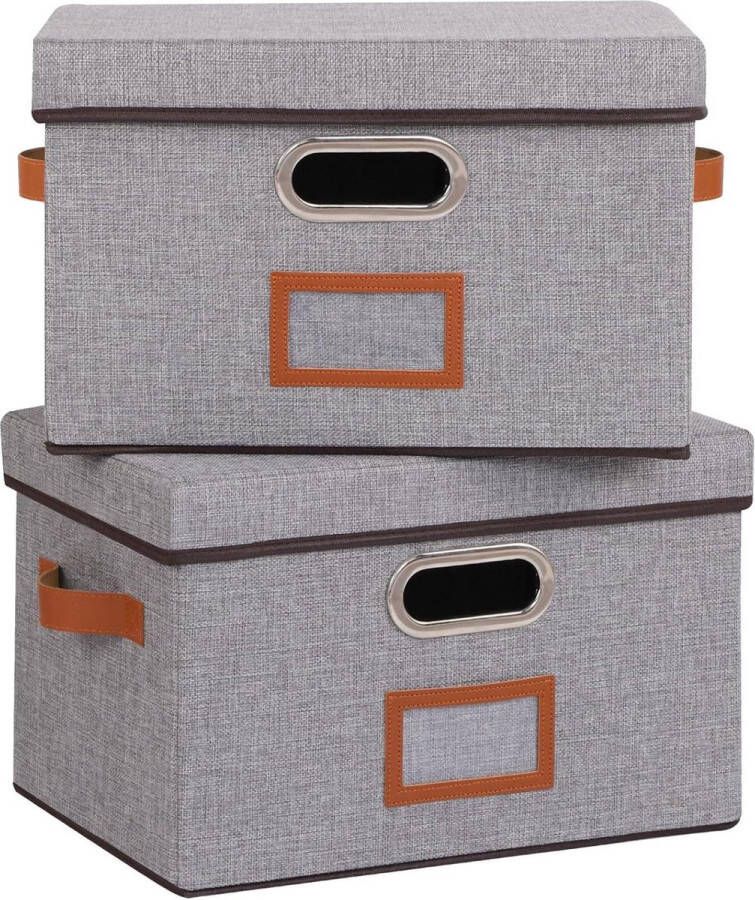 Opvouwbare stoffen opbergmanden met deksel en handvat Grijs 38 x 25 x 25 cm Set van 2