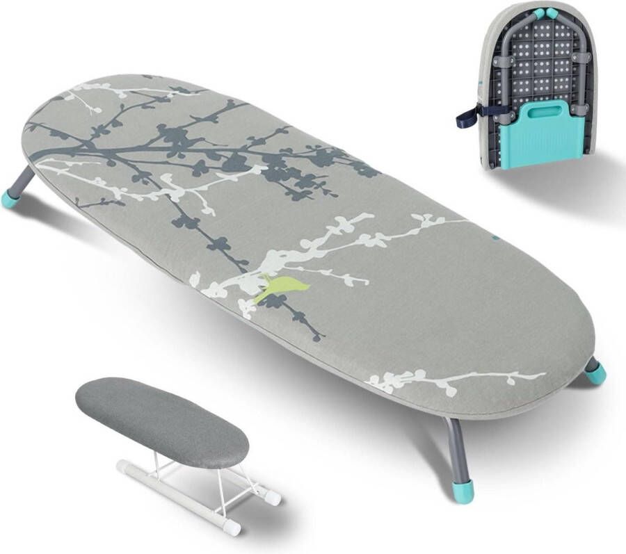 Opvouwbare strijkplank 81 × 31 cm ruimtebesparend met mini-strijkplank voor hemdmouwen antislip voeten en hittebestendige afdekking vogelmotief