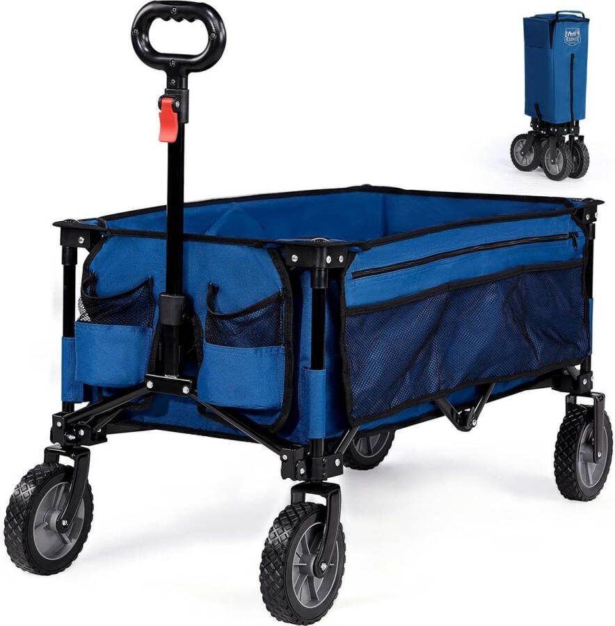Opvouwbare Transportwagen Bolderkar Groot Strandwagen voor Alle Terreinen Blauw Met Zijvak en Bekerhouder Trolley