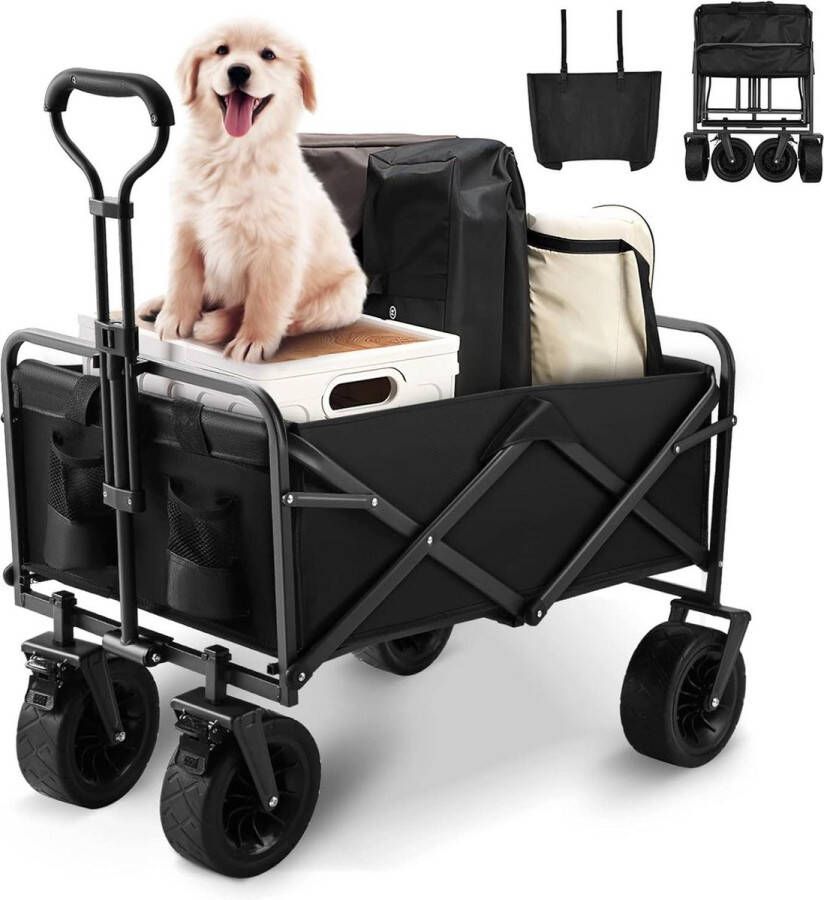Opvouwbare Tuin Wagon met Rem Grote Wielen Max Capaciteit 100kg Voor Festival Winkelen Camping Picknick Zwart Trolley
