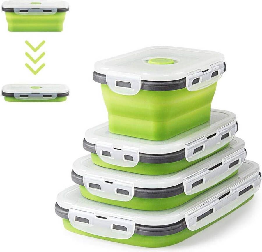 Opvouwbare voedselopslagdozen 4 stuks opvouwbare voedselopslagcontainers lunchboxen gemaakt van siliconen opvouwbare siliconen voedselopslagcontainers opvouwbaar gemakkelijk schoon te maken gemakkelijk te dragen (groen