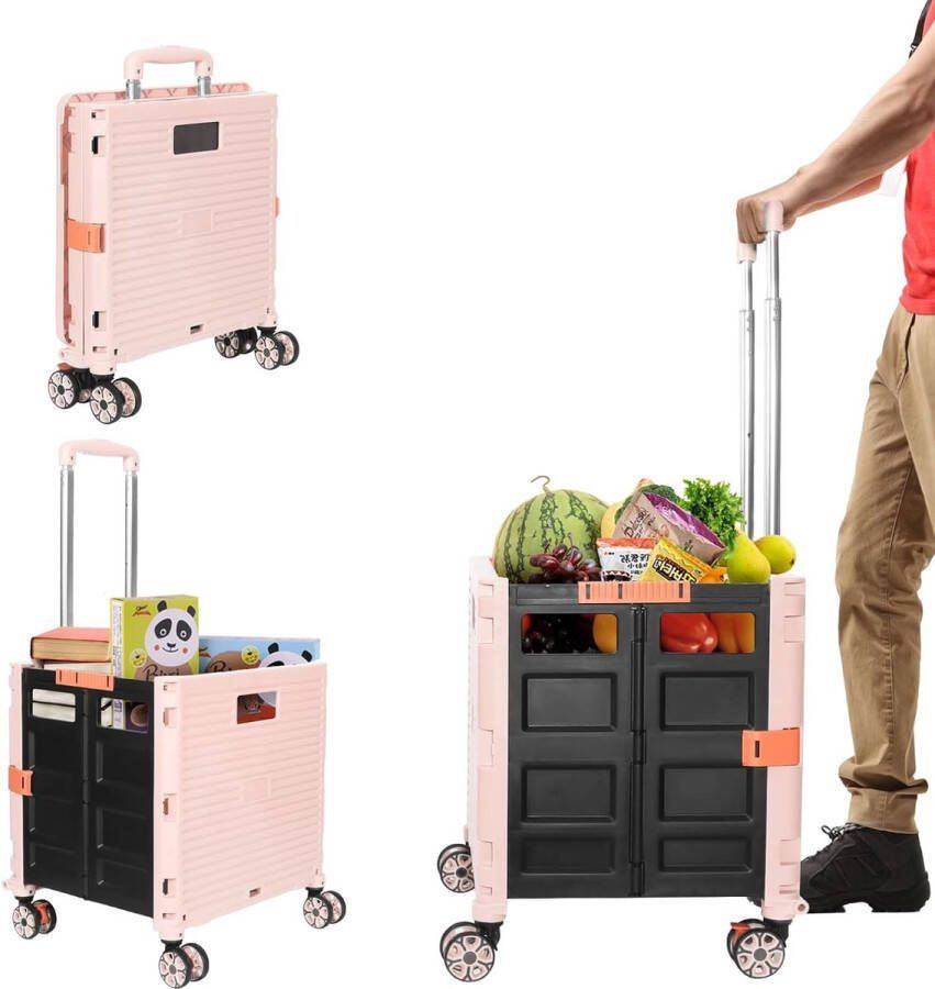 Opvouwbare wielen boodschappentroldoos opvouwbare trolley opvouwbare kofferbak telescopische verstelgreep met deksel slijtvast geruisloos 360 ° draaibaar wiel 50 kg 100 lbs laadvermogen draagbare doos Roze