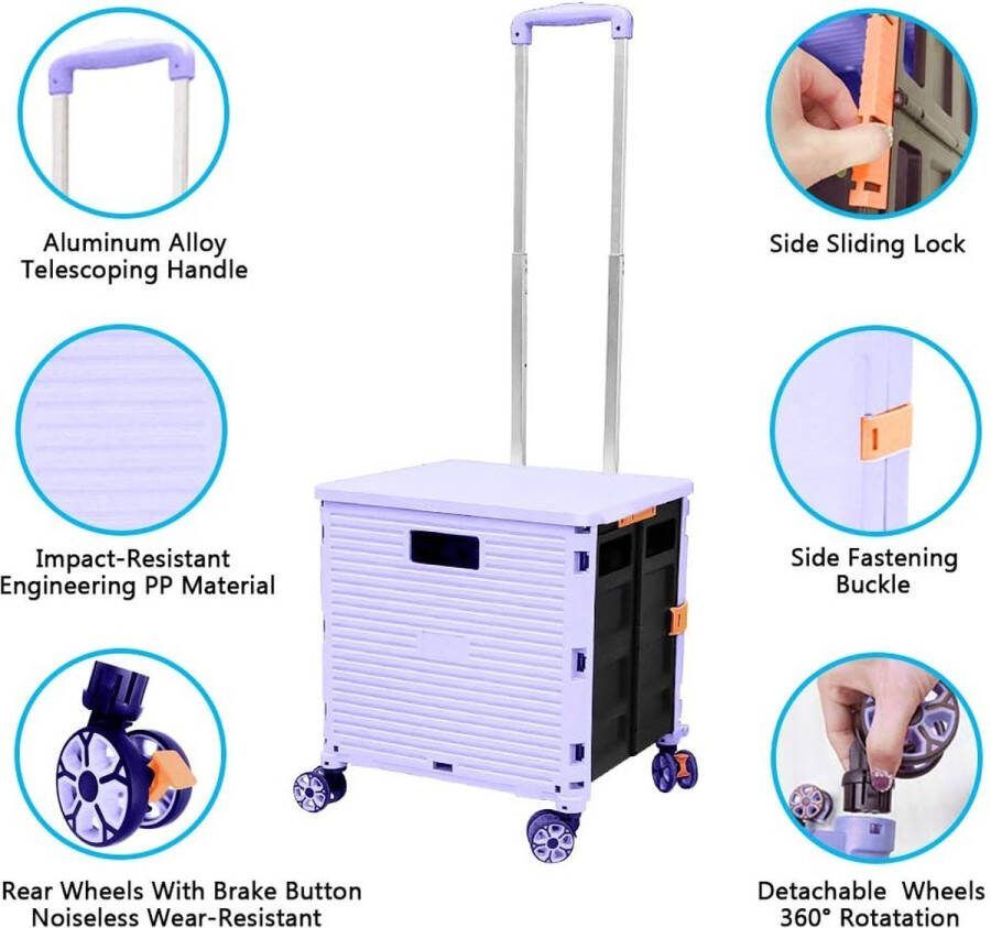 Opvouwbare winkelwagen 54 l 45 kg hoge capaciteit multifunctionele draagbare gebruikswagen met telescoopstang en 4 demonteerbare draaibare wielen voor winkelen picknick opbergkist paars