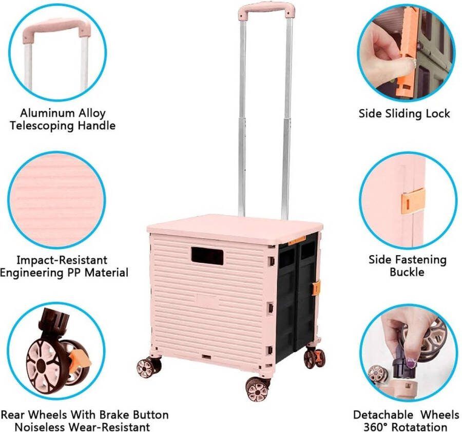 Opvouwbare winkelwagen 54 l 45 kg hoge capaciteit multifunctionele draagbare gebruikswagen met telescoopstang en 4 demonteerbare draaibare wielen voor winkelen picknick opbergkist roze