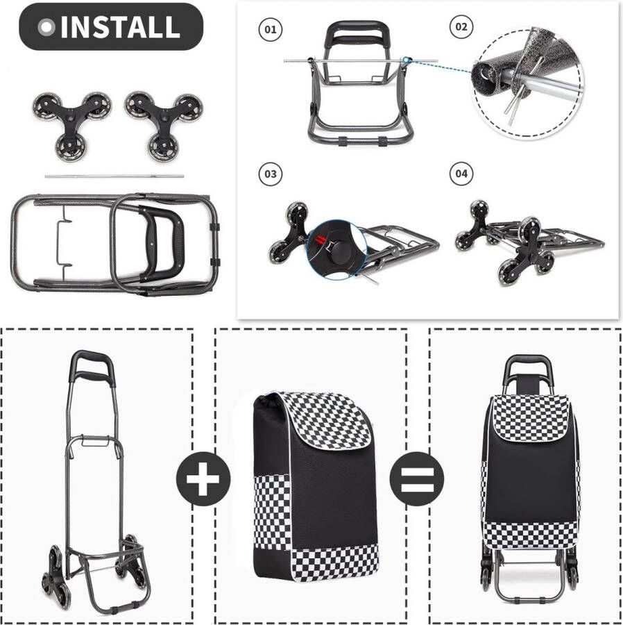 Opvouwbare winkelwagen lichtgewicht en waterdicht 2-in-1 winkelwagentje met 6 grote geruisloze wielen afneembare trap klimwagen voor boodschappen (Zwart)