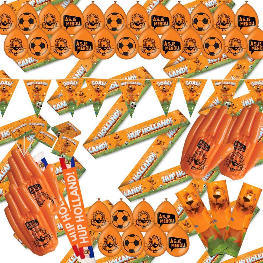 Oranje Pakket 92 items Oranje Vlaggen Oranje Versiering EK Versiering Oranje Vlaggenlijn- EK Vlaggenlijn EK Papier Confetti Kanon Oranje Vlaggen- EK Vlaggen Oranje Vlag -Loeki de Leeuw Oranje Vlaggetjes EK Voetbal Ballonnen Oranje