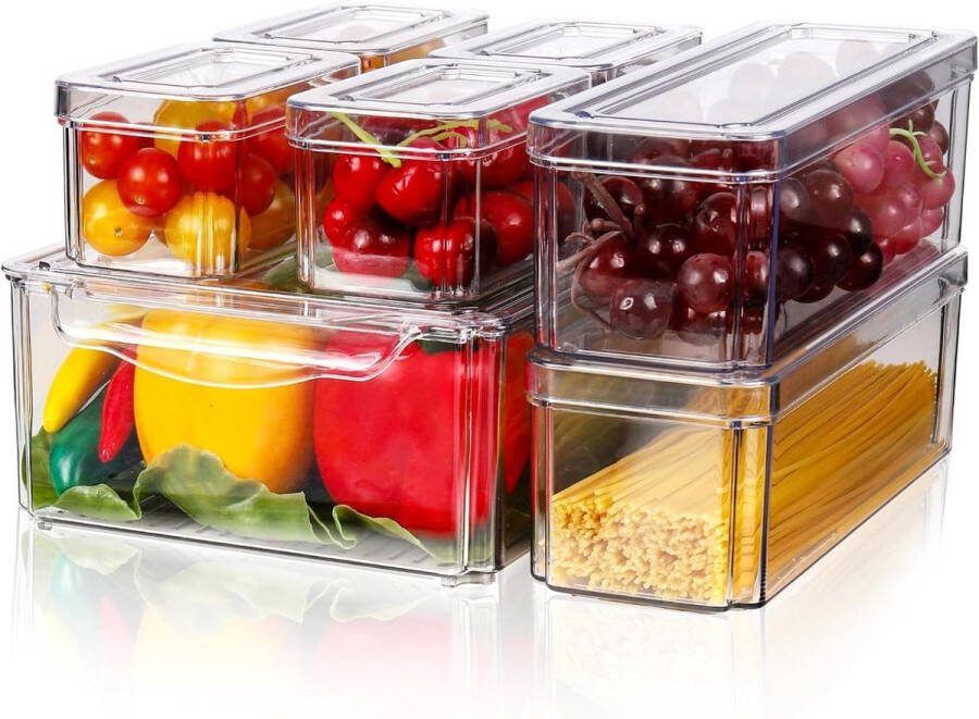 Organizer set van 7 opbergdozen Koelkast met deksel Opbergdozen stapelbaar Doorzichtige koelboxen Keukenkasten opbergdoos