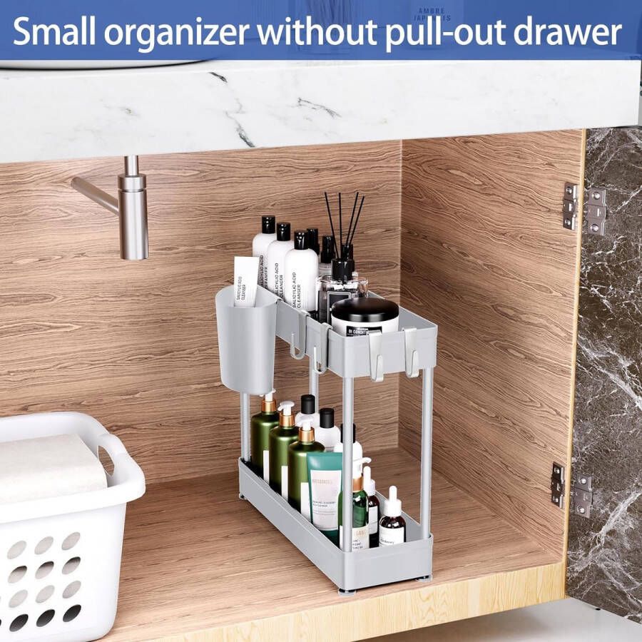 Organizer Trek uit onder gootsteen opslag 2 Tier multifunctionele glijden onder de gootsteen Organizer Badkamer aanrecht Organizer onder kast plank voor -Grijs